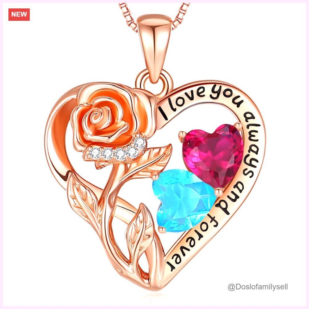 Sterling Silver Double Birthstone Rose Flower Heart Pendant Necklace Elegant